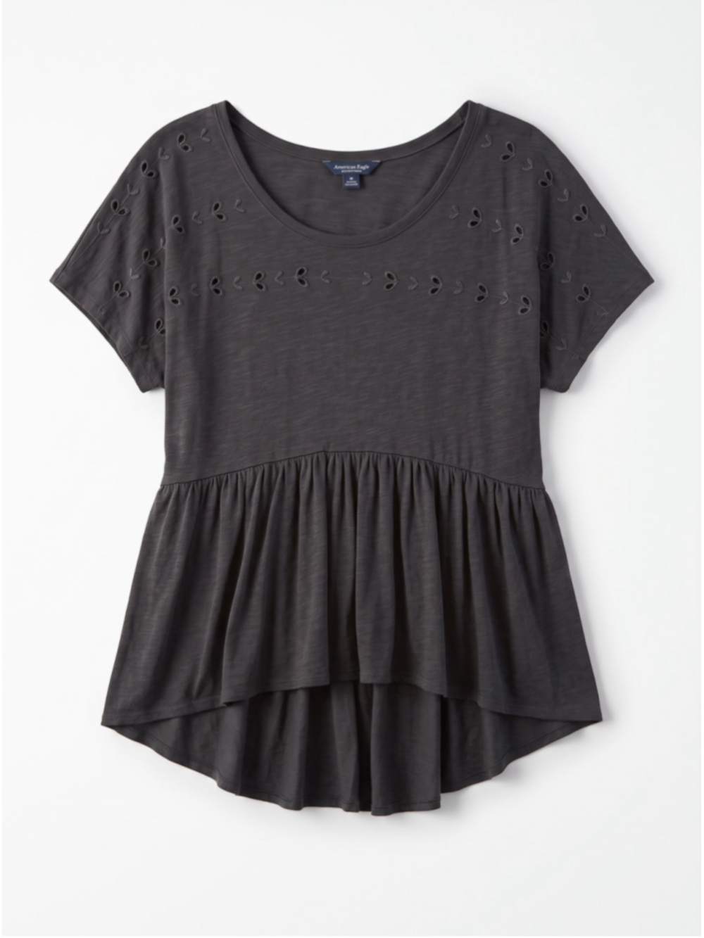 AMERICAN EAGLE Baby Doll Blouse Floral Eyelet Gray Top Boho Loose Fit, Size M